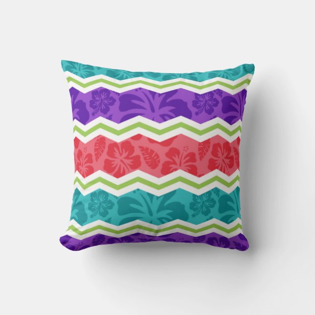 Coussin Turquoise, rose, violet violet et vert tropique (Recto)