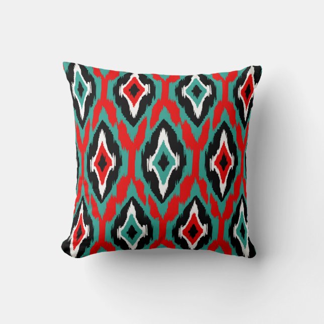 Coussin turquoise rouge noir Ikat Tribal Motif 1a (Recto)