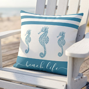 Coussin Turquoise sarcelle 3 hippocampe plage vie écriture
