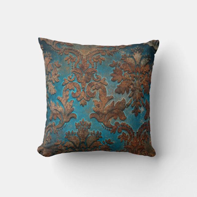Coussin Turquoise sombre et Patina Damask (Recto)