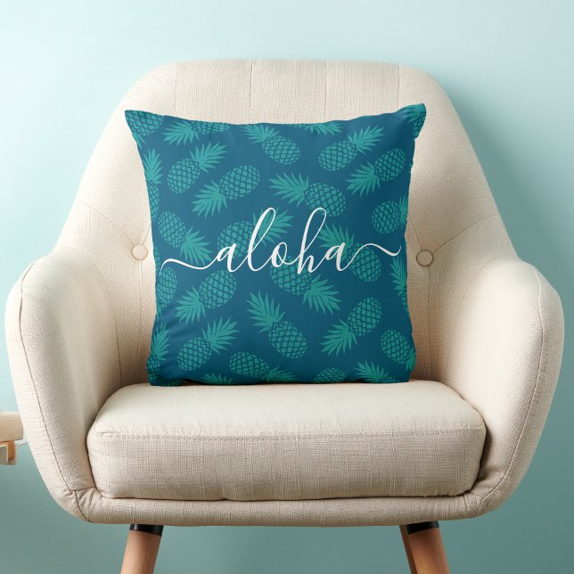 Coussin Turquoise Turquoise Aloha Script Ananas Motif Bold (Créateur téléchargé)