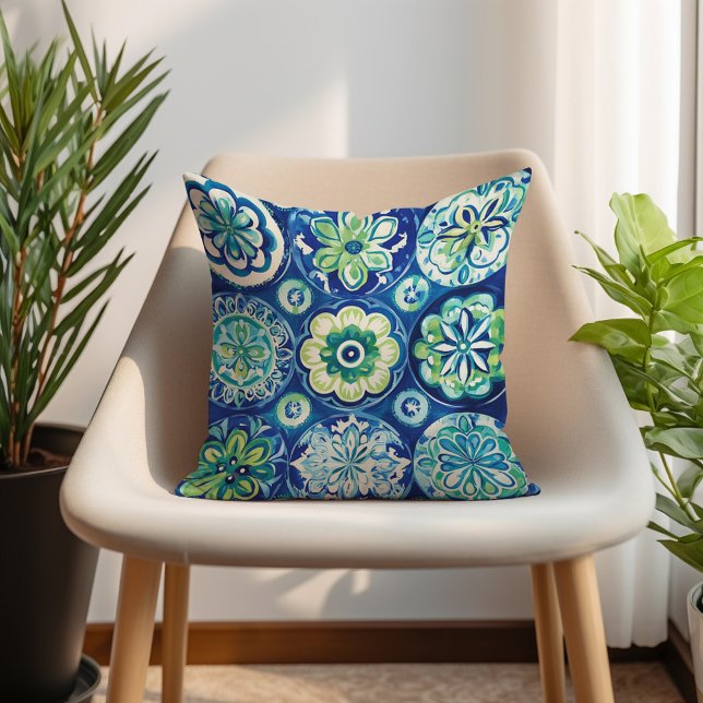 Coussin Turquoise Vert Nuit Floral Bohème (Navy Green Turquoise Boho Floral Throw Pillow)