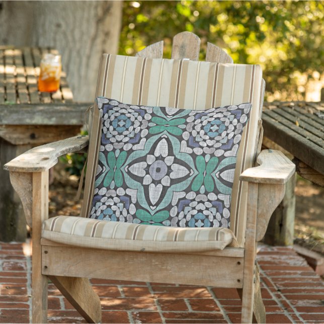 Coussin Turquoise Vert Sarcelle Bleu Noir Art Tribal Orien (Chaise)