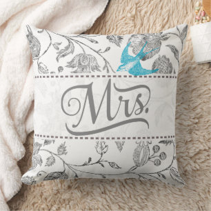 Coussin Turquoise Vintage Bird Grey Floral Mme Toujours Dr