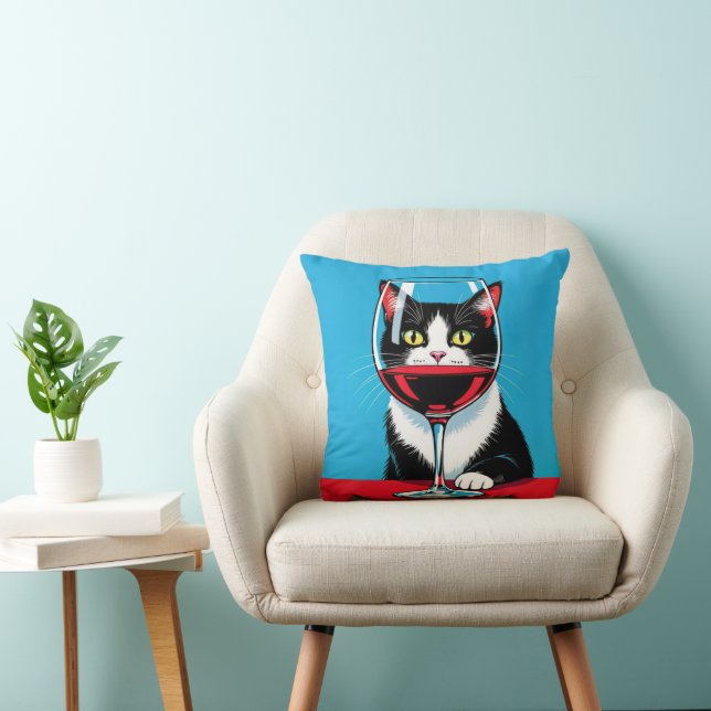 Coussin Tuxedo Cat Staring Through a Wine Glass (Chaise)