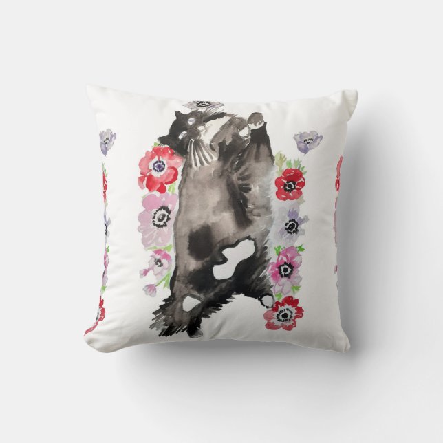 Coussin Tuxedo Chat Cute Jolie Fleurs Chats Aquarelle (Recto)