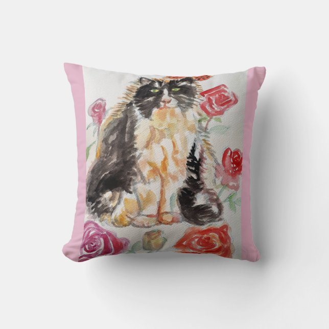 Coussin Tuxedo Chat Cute Rose Fleurs Chats Aquarelle Rose (Recto)