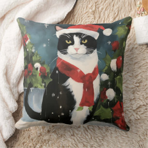 Coussin Tuxedo Chat en Noël de neige