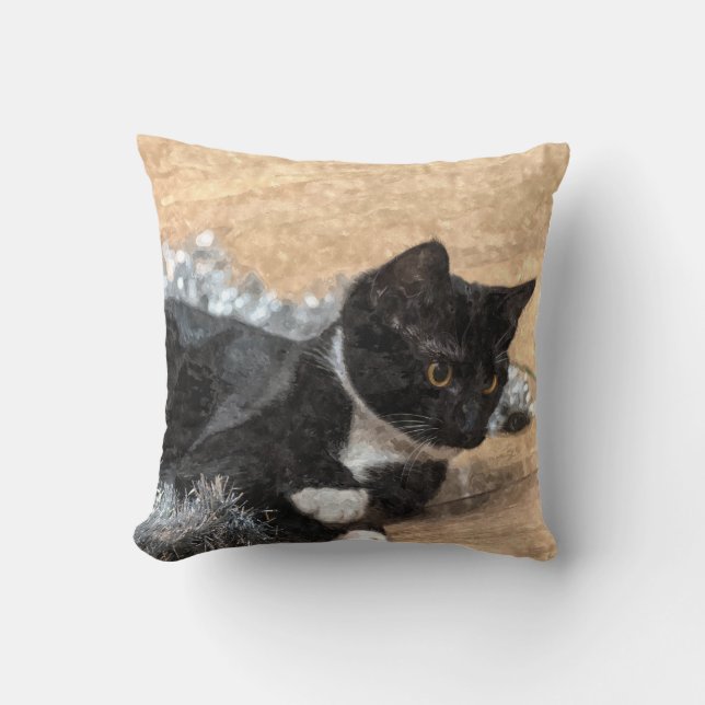 Coussin Tuxedo Kitten Tinsel et lumières peint (Recto)