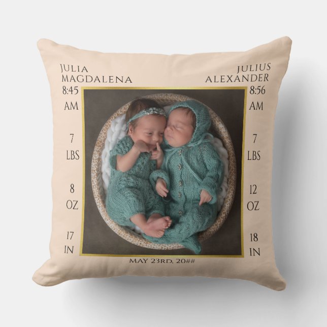Coussin Twin Baby Name Birth Stats Photo Collage Keepsaké (Recto)