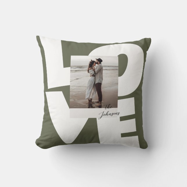 Coussin Typographie Amour Gras Rétro Vert avec Photo (Recto)