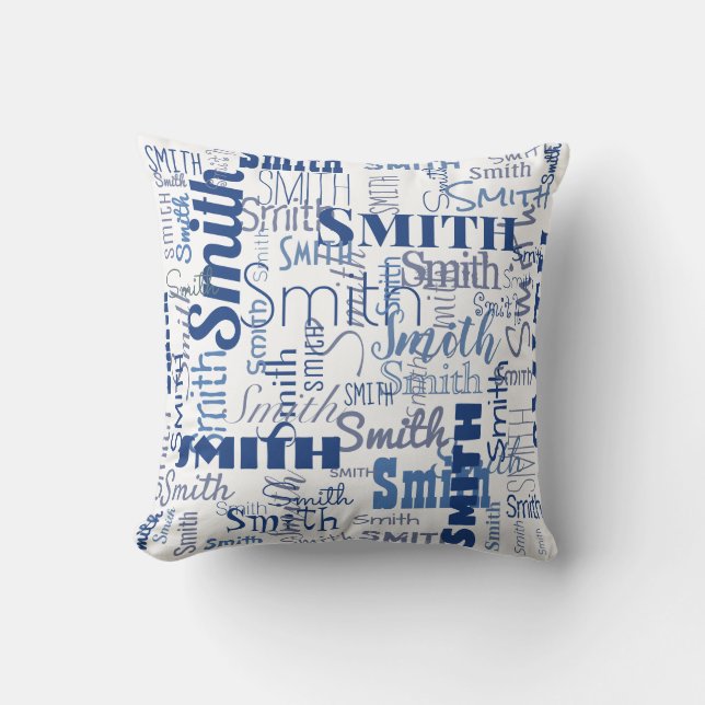 Coussin Typographie blanche bleue moderne courte de profil (Recto)