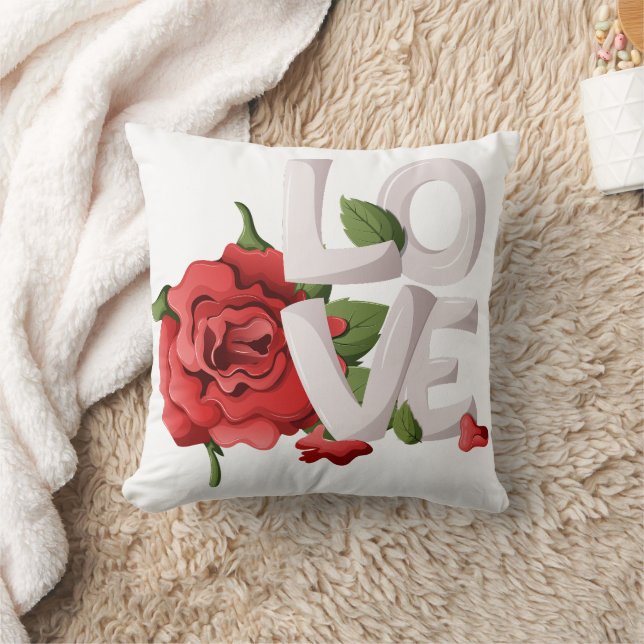 Coussin Typographie d'amour audacieux avec rose rouge roma (Couverture)