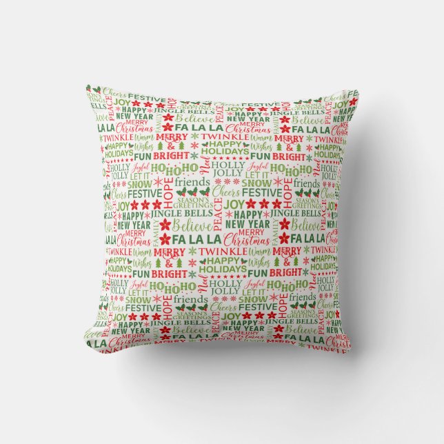 Coussin Typographie de Noël rouge et vert sans couture (Recto)