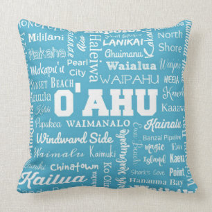 Coussin Typographie de villes d'O'ahu Hawaï - aqua et