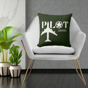 Coussin Typographie du pilote & Avion militaire, Minimalis