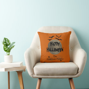 Coussin Typographie Éffrayante Orange Noir Joyeux Hallowee