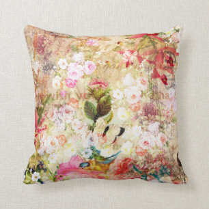 Coussin Typographie florale rose rustique de collage de