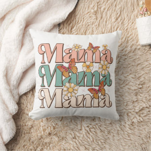 Coussin Typographie Maman Papillon Floral Rétro Blanc