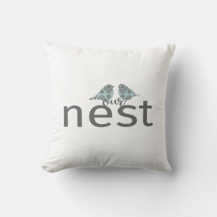 Coussin Typographie "Notre nid" Inséparables gris et bleu