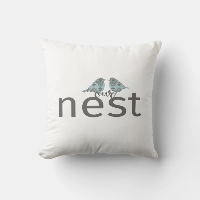 Coussin Typographie "Notre nid" Inséparables gris et bleu (Recto)