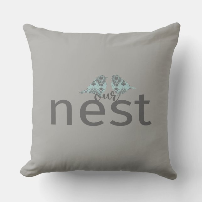 Coussin Typographie "Notre nid" Inséparables gris et bleu (Recto)
