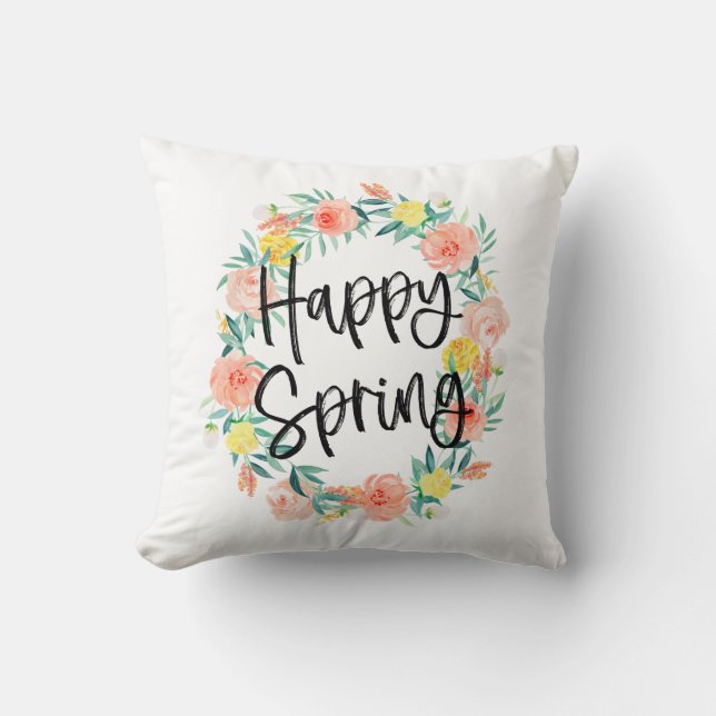 Coussin Typographie stylée Aquarelle Floral Happy Spring (Recto)