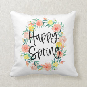 Coussin Typographie stylée Aquarelle Floral Happy Spring