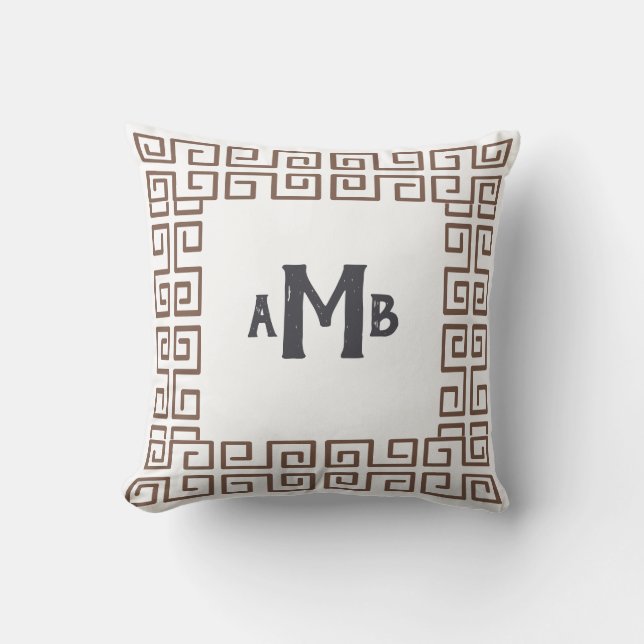 Coussin Umber Brown Chinoiserie Grèce Key Bordure Monogram (Recto)