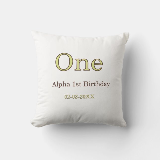Coussin un 1er anniversaire vert marron pastel gras nom da (Recto)