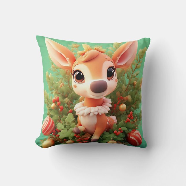 Coussin Un adorable cerf de caricature dans un Noël festif (Recto)