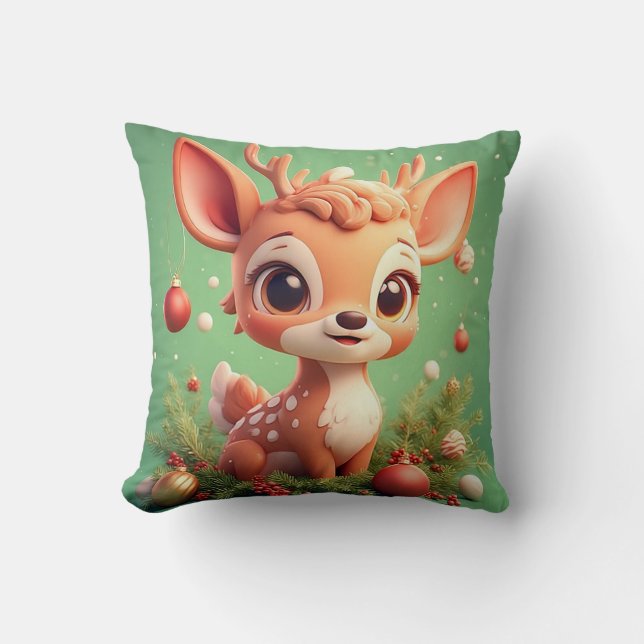 Coussin Un adorable cerf de caricature dans un Noël festif (Recto)