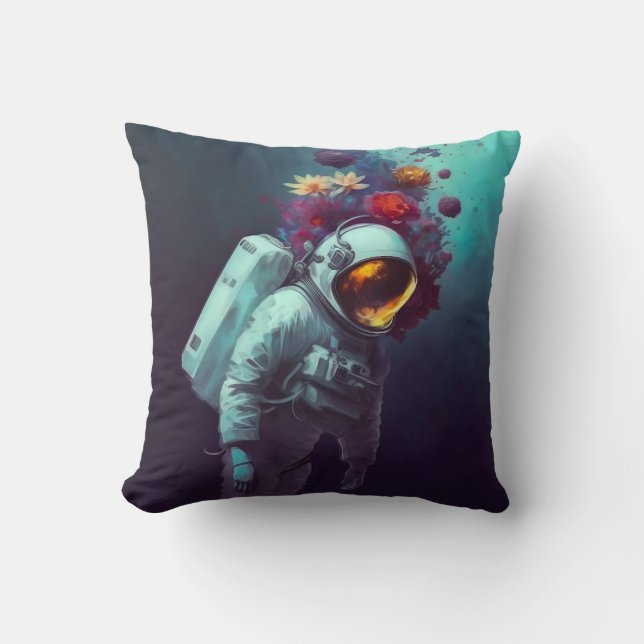 Coussin Un astronaute coloré dans l'espace avec des fleurs (Recto)
