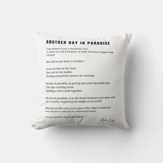 Coussin Un autre jour au paradis poème noir blanc (Recto)