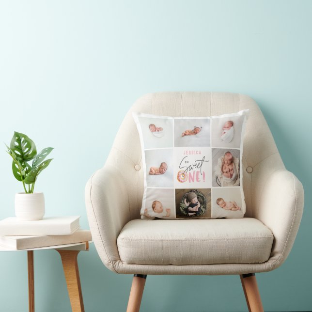 Coussin un beigne rose sucré 1er anniversaire multi photo (Chaise)