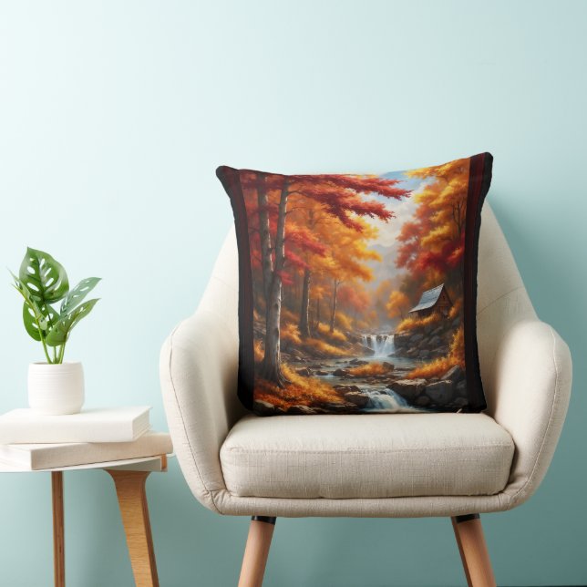 Coussin Un Cabine dans Bois d'automne AI Concept Art par X (Chaise)