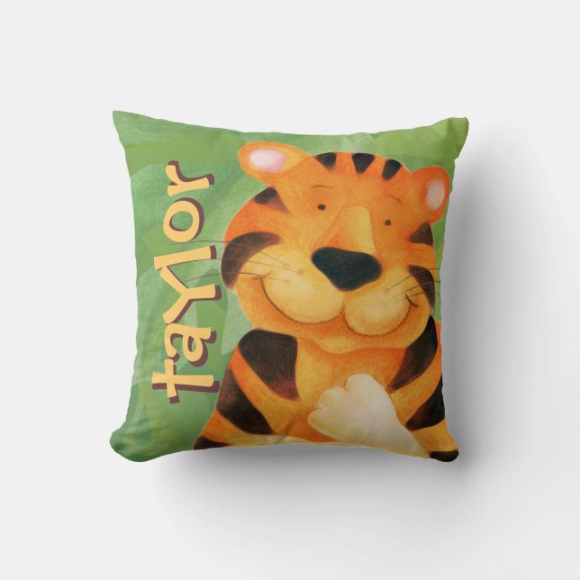 Coussin Un carré de tigre mignon et heureux lance l'oreill (Recto)