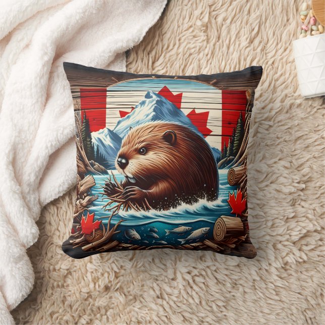 Coussin Un castor canadien construit un barrage dans la ri (Couverture)