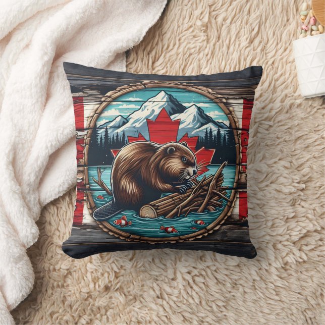 Coussin Un castor canadien construit un barrage par Mounta (Couverture)