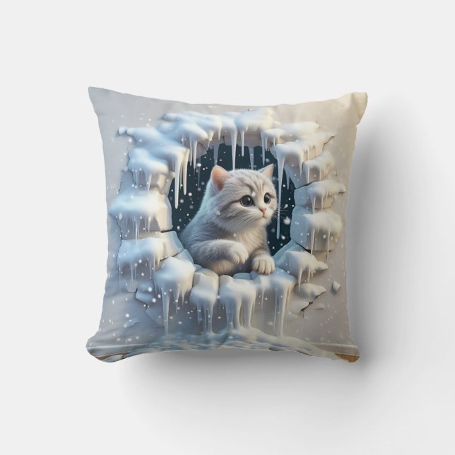 Coussin Un chat adorable dans un refuge enneigé (Recto)