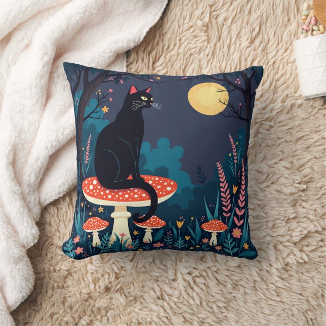Coussin Un chat noir familier et champignons d'Halloween 4 (Couverture)