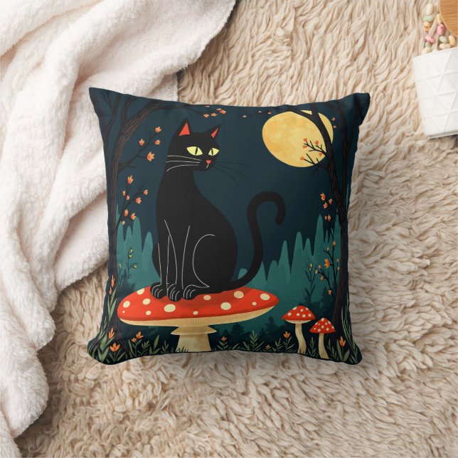 Coussin Un chat noir familier et champignons hallucinés Ha (Couverture)