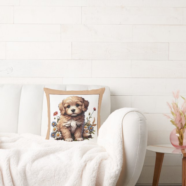 Coussin Un chiot mignon et joli dans les fleurs sauvages (Canapé)