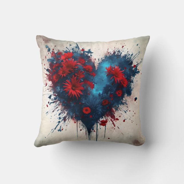 Coussin Un coeur bleu éclatant avec des fleurs rouges (Verso)