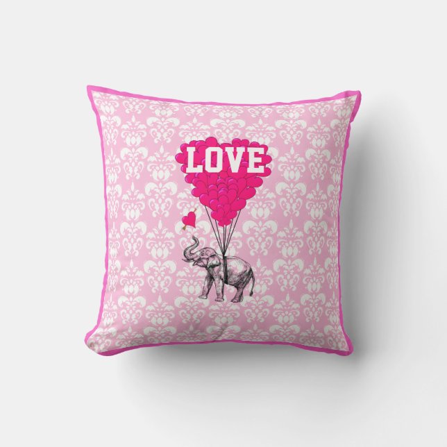 Coussin Un éléphant romantique sur un damas rose (Recto)