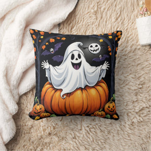 Coussin Un fantôme amical célébrant Halloween en citrouill
