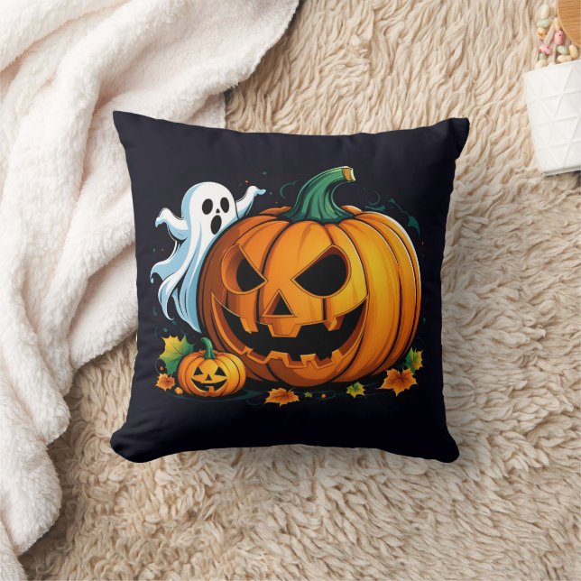 Coussin Un fantôme ludique et un citrouille sculpté pour H (Couverture)