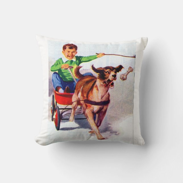 Coussin Un garçon et son chariot à chien (Recto)