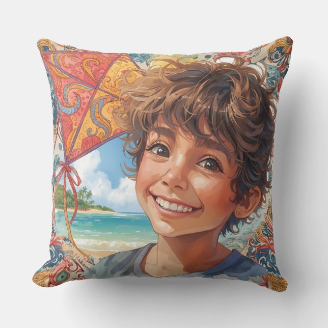 Coussin Un garçon joue avec un cerf-volant sur la plage tr (Recto)