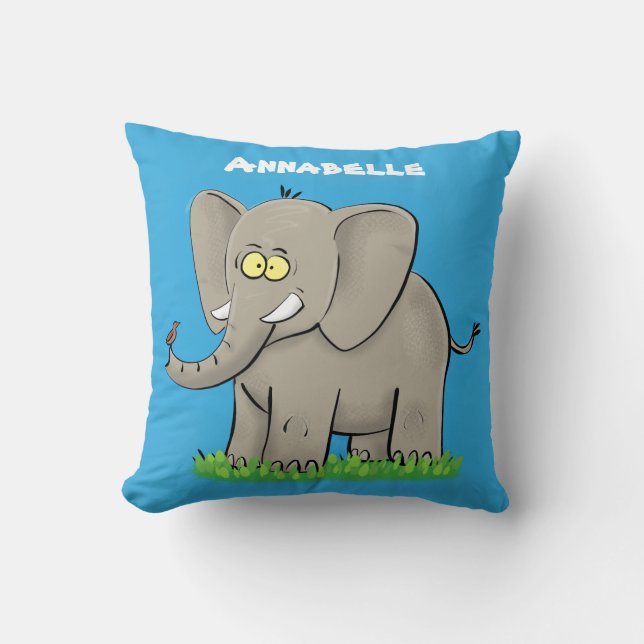Coussin Un joli éléphant drôle avec un oiseau sur le tronc (Recto)